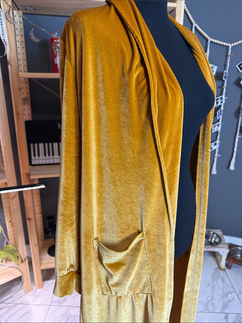 Velvet Long Robe Duster - Mustard Gold - Picture 3 of 5